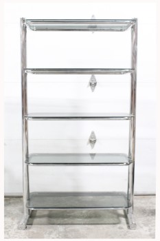 Shelf, Glass, 5 LEVELS W/SMOKED GLASS ROUNDED SHELVES (*GLASS IS NOT ATTACHED*), REFLECTIVE TUBULAR CHROME FRAME, CHROME, SILVER