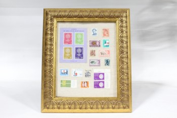 Wall Dec, Collection, CLEARABLE, FRAMED STAMP COLLECTION, INCLUDES REAL OLD POSTAGE STAMPS, PATTERNED GOLD COLOURED FRAME, MULTI-COLORED