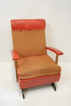 Chair, Rocking, TWEED W/SOLID ORANGE VINYL BACK, TOP & ARMS, WOOD LEGS, VINTAGE, FABRIC, ORANGE