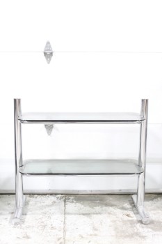 Shelf, Glass, 2 LEVELS W/SMOKED GLASS ROUNDED SHELVES (*GLASS IS NOT ATTACHED*), REFLECTIVE TUBULAR CHROME FRAME, CHROME, SILVER