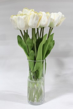 Plant, Fake, REALISTIC SILK WHITE FLOWERS, TULIPS, PERMANENT FLORAL ARRANGEMENT IN 10" CLEAR CYLINDRICAL GLASS VASE, TOTAL HT APPROX 20-21", SILK, WHITE