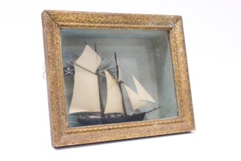 Wall Dec, Shadow Box, ORNATE GOLD COLOURED FRAME, ANTIQUE, BALTIMORE CLIPPER SHIP, PIRATE FLAG W/SKULL & CROSSBONES, WOOD, BROWN