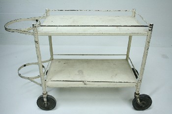 Cart, Cleaning, ANTIQUE, 2 LEVELS, 2 METAL HOOPS ON END, ROLLING - Paint Condition Not Identical To Photo, METAL, WHITE