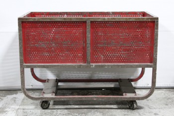 Cart, Metal, VINTAGE, INDUSTRIAL, POST OFFICE / MAIL CART, CURVED LOWER LEGS W/CROSS BARS, PERFORATED SIDES, ROLLING, AGED, METAL, RED