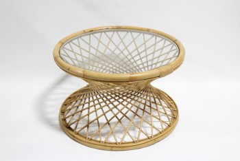 Table, Coffee Table, VINTAGE, ROUND W/GLASS TOP, OPEN WEAVE RATTAN FRAME, RATTAN, BROWN