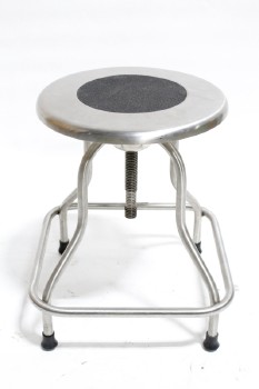 Stool, Stainless, MEDICAL, HOSPITAL, LAB, ROUND SEAT W/TEXTURED RUBBER CENTRE, SQUARED LOWER RUNG, BLACK FEET, STAINLESS STEEL, SILVER