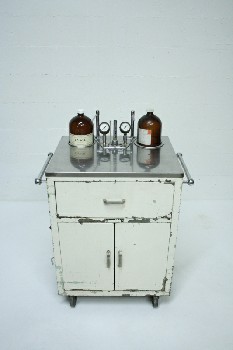 Medical, Cart, BEDSIDE TABLE / EQUIPMENT / INSTRUMENT / SUPPLY CART, 1 DRAWER & 2 DOORS, STAINLESS TOP W/ GAUGES, ANTIQUE, AGED, METAL, CREAM