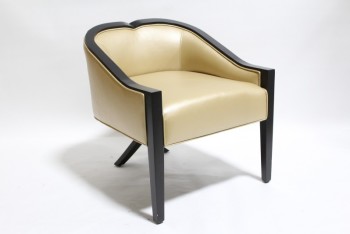Chair, Side, LOW ROUNDED BACK W/ANGLED ARMS, BLACK WOOD TRIM & LEGS, GLOSSY BRASS COLOURED FABRIC SEAT & BACK, BACK LEGS CRISS-CROSSED, FABRIC, GOLD