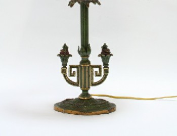 Lighting, Lamp, TABLE LAMP BASE, FLOWER BASE, ORNATE STAND W/RED FLOWERS, LEAVES, GREEK KEY SHAPES - Shade Not Included, METAL, GREEN