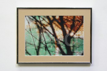 Art, Photo, CLEARED, SHADOW OF BRANCH ON GREEN / RUST COLOURED BACKGROUND, SILVER FRAME, METAL, MULTI-COLORED