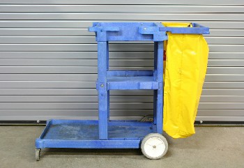Cart, Cleaning, 3 LEVELS, LOWER OUTER SHELF, YELLOW TRASH BAG, JANITOR, HOUSEKEEPING, ROLLING, PLASTIC, BLUE