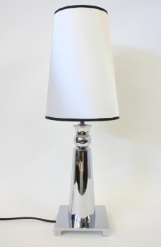 Lighting, Floor Lamp, TAPERED CYLINDER W/BALL TOP,SQUARE FOOTED BASE,INCLUDES WHITE SHADE W/BLK TRIM, CHROME, SILVER