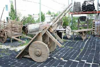 Cart, Rustic , 8FT HANDCART, 2 SOLID WOODEN WHEELS, 2 HANDLES, BACK ATTACHMENT PIECE FOLDS OUT, PLANK PLATFORM, NO SIDES, RUSTIC - Stored In Yard, Condition May Not Be Identical To Photo, WOOD, BROWN