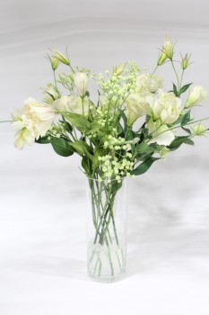 Plant, Fake, REALISTIC SILK WHITE FLOWERS W/BABY'S BREATH, PERMANENT FLORAL ARRANGEMENT IN 10" CLEAR GLASS VASE, TOTAL HT APPROX 22", SILK, WHITE