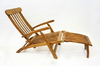 Chair, Misc, TEAK OUTDOOR LOUNGER W/ARMS,SLATS,FOLD OUT FOOT REST, BRASS HINGES, FOLDING  , WOOD, BROWN