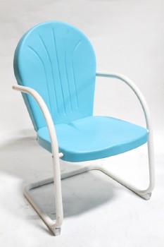 Chair, Lawn, VINTAGE SHELL BACK, RETRO, PATIO/GARDEN/MOTEL, ROUNDED ARMS, CANTILEVER, MATTE PAINT, METAL, BLUE