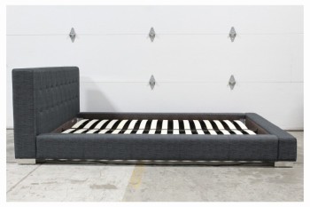 Bed, Miscellaneous, MODERN, QUEEN, FABRIC HEADBOARD, FOOTBOARD, 2 SIDES, INCLUDES 16 DOUBLE SLATS, BLACK METAL RAIL (AS SHOWN) *Mattress Included - Not Pictured*, FABRIC, GREY