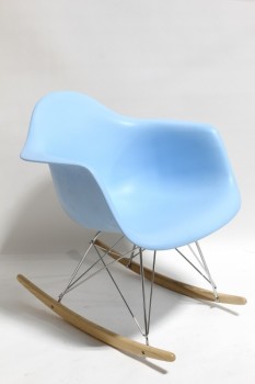 Chair, Rocking, MID-CENTURY MODERN STYLE,LIGHT BLUE CURVED MOLDED PLASTIC SEAT, CHROME LEGS W/WOOD ROCKERS , PLASTIC, BLUE