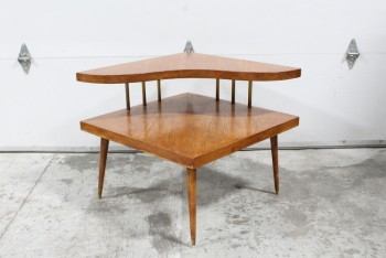 Table, Coffee Table, VINTAGE, CORNER, 2 LEVELS W/CURVED/BOOMERANG SHAPED UPPER SHELF, BRASS CAPPED FEET & SHELF RODS, WOOD, BROWN