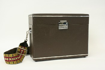 Photography, Equipment, HARD CAMERA CASE W/SILVER LATCH, MULTI-COLOURED STRAP, LEATHER, BROWN