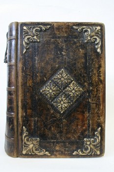 Book, Miscellaneous, ANTIQUE,ORNATE FRONT COVER CORNER PIECES & CENTRE MEDALLIONS, SOME DECORATED PAGES, AGED , LEATHER, BROWN