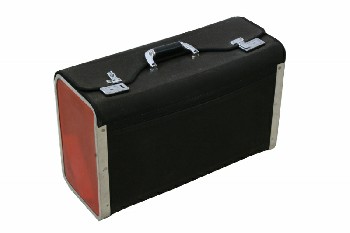 Luggage, Case, GREY METAL TRIM, RED PLASTIC SIDES, LATCH & BUCKLES, PLASTIC, BLACK
