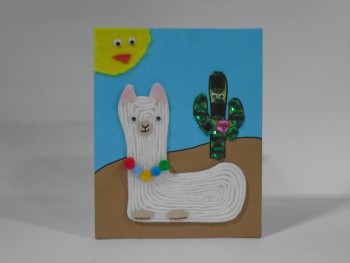 Art, Miscellaneous, CLEARABLE, CHILDREN'S ARTWORK, CANVAS PANEL, LLAMA AND CACTUS CHILLING, YARN/FELT/RHINESTONES/GOOGLY EYES, CANVAS, MULTI-COLORED