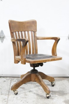 Chair, Office, OAK, BLACK LEATHER SEAT W/TACK TRIM, SLAT BACK W/CURVED ARMS, ROLLING DESK CHAIR, WOOD, BROWN