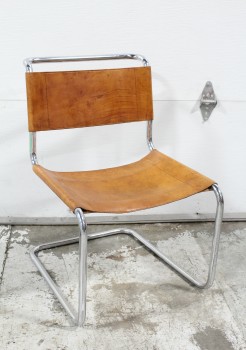 Chair, Side, CANTILEVER, TUBULAR CHROME FRAME, AGED BROWN LEATHER SEAT & BACK, VINTAGE, MODERN, LEATHER, BROWN