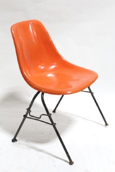 Chair, Stackable, VINTAGE,MOLDED SEAT,ARMLESS,INDUSTRIAL BLACK METAL LEGS, FIBERGLASS, ORANGE
