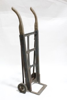 Tool, Hand Truck, ANTIQUE 2 HANDLE HAND CART, DOLLY, WOOD & RUSTED METAL FRAME, 2 METAL WHEELS, WOOD, NATURAL