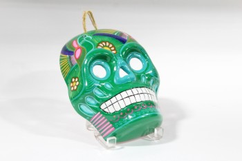 Decorative, Skull, MEXICAN SUGAR SKULL STYLE CALAVERA MASK, DAY OF THE DEAD, PAINTED W/BIRDS, POTTERY, GREEN