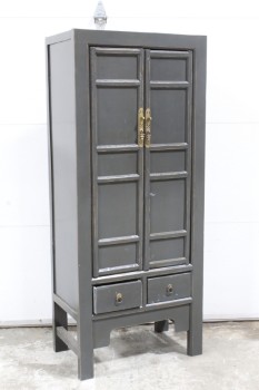 Cabinet, Wood, 2 PANELED CUPBOARD DOORS, 2 SMALL LOWER DRAWERS, BRASS HARDWARE, WOOD, GREY