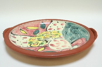 Bowl, Decorative, W/SIDE HANDLES, NON-GLAZED BOTTOM, PAINTED VASE/FLOWERS, POTTERY, MULTI-COLORED
