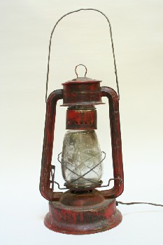 Lighting, Lantern, ELECTRIFIED,KEROSENE W/GLASS INSERT,AGED, METAL, RED