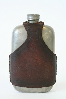 Drinkware, Flask, PLAIN W/SCREW ON LID, LEATHER WRAP W/STITCHED SIDES, METAL, SILVER