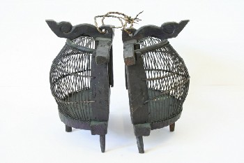 Cage, Wood, 2 HALVES/PIECES, ROUND SHAPE, CARVED TOP PIECE, RAISED ON FEET, AGED, WOOD, BLACK