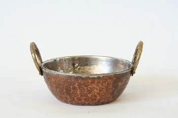 Cookware, Wok, WOK, SMALL W/2 BRASS SIDE HANDLES, REFLECTIVE INSIDE, PUNCHED TEXTURE, AGED, METAL, BRONZE