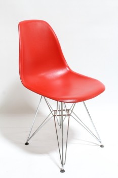 Chair, Side, MODERN STYLE, CURVED MOLDED SEAT, "EIFFEL" STYLE METAL ROD LEGS, NO ARMS, PLASTIC, RED
