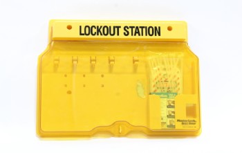 Cabinet, Key, LOCKOUT STATION KEY BOX, HANGERS FOR PERSONAL SAFETY PADLOCKS, INDUSTRIAL, WAREHOUSE, FACTORY, WALLMOUNT, TRANSPARENT COVER, PLASTIC, YELLOW