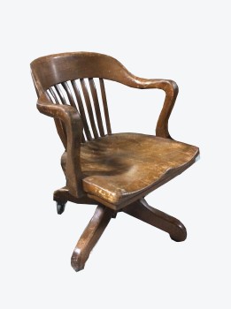Chair, Office, OAK, VINTAGE, ROUNDED BACK W/SLATS & ARMS, AGED, WOOD, BROWN