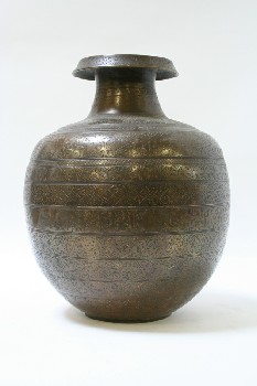 Vase, Metal, ROUND SHAPE, FOLD OVER RIM, BANDS OF ETCHED DESIGN, METAL, BRONZE