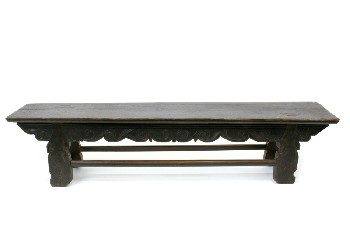 Bench, Misc, LOW, OLD STYLE, CARVED W/LOWER STRETCHERS, DISTRESSED TOP, WOOD, BROWN