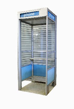 Phone, Payphone, 7FT PUBLIC / STREET FREESTANDING TELEPHONE BOOTH, BLUE PANELS, AGED, METAL, SILVER
