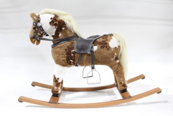 Toy, Animal, STUFFED ANIMAL ROCKING HORSE,WHITE & BROWN,WOODEN ROCKERS , PLUSH, BROWN