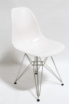 Chair, Side, MODERN STYLE, CURVED MOLDED SEAT, "EIFFEL" STYLE METAL ROD LEGS, NO ARMS, FIBERGLASS, WHITE