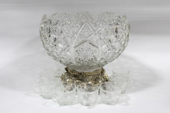 Drinkware, Punchbowl, VINTAGE PUNCH BOWL W/CUT GLASS & ORNATE METAL STAND (2 PCS, JUST BOWL IS 8.5x12x12
