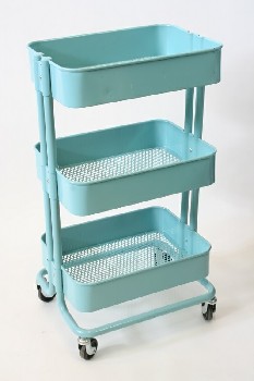 Cart, Metal, 3 LEVELS, PERFORATED TRAYS, TUBULAR FRAME, TROLLEY, ARTS & CRAFTS SUPPLIES ETC., ROLLING, METAL, BLUE