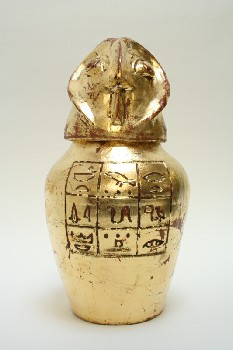 Vase, Urn, EGYPTIAN STYLE W/HIEROGLYPHICS,OWL HEAD LID, POTTERY, GOLD
