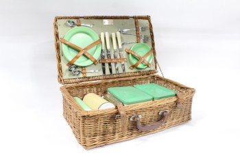 Basket, Picnic, VINTAGE WICKER PICNIC BASKET, INCLUDES SMALL DISHES, CUTLERY, GREEN & CREAM COLOURED THERMOSES & CANISTERS, BROWN LEATHER STRAPS , WICKER, BROWN